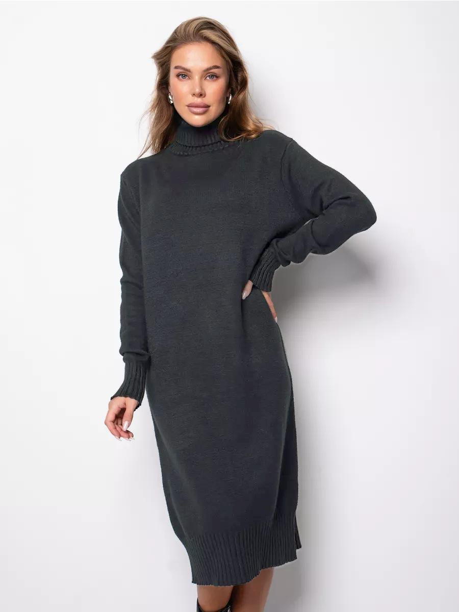 

Women s Knit High Neck Dress Autumn Winter New Style Loose Inner Wear Solid Color Slim Fit Sweater Dress L темно-серого