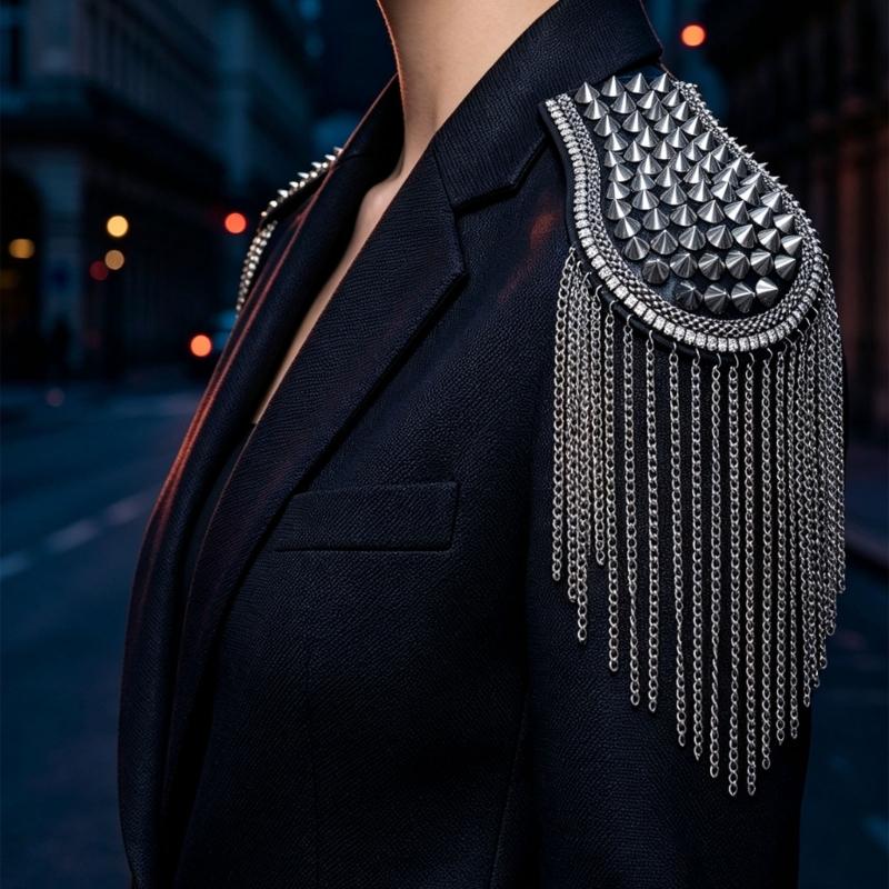 Sew-On Epaulette Shoulder Bar Accessory with Rivet Studs and Layered Metal Chain for Punk Theme Clothing Enhancement