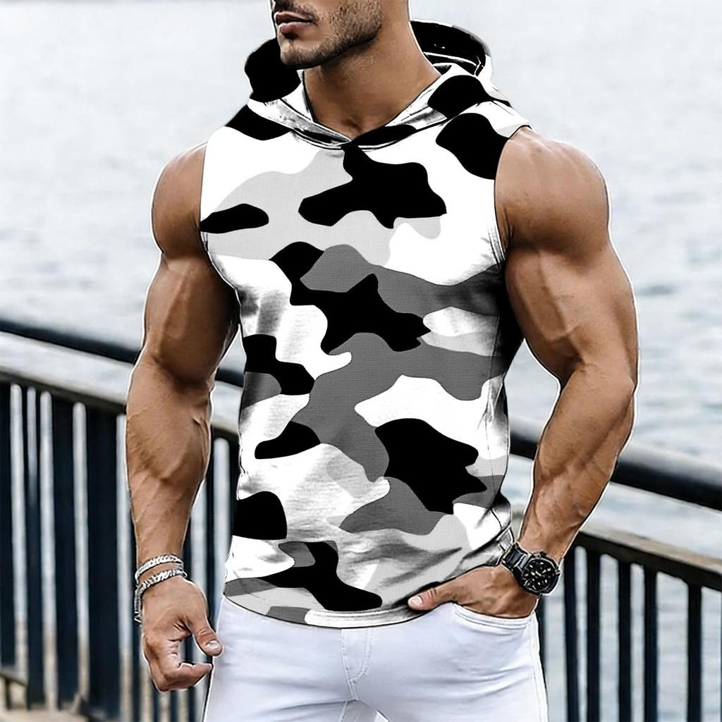 Men's Casual Fashion Printed Sleeveless Hooded Tops | Lightweight Summer Hooded Tank Tops