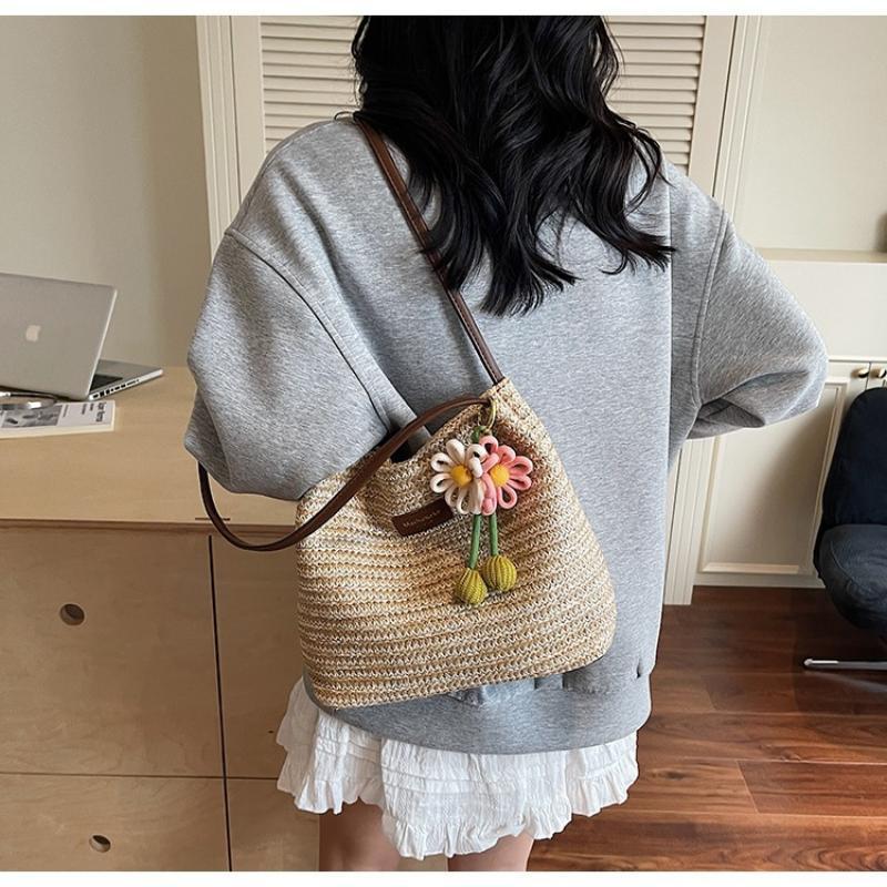 Fashionable Woven Straw Women'S Shoulder Bag Large Capacity Tote Bag Summer Holiday Style Polyester Material Bag