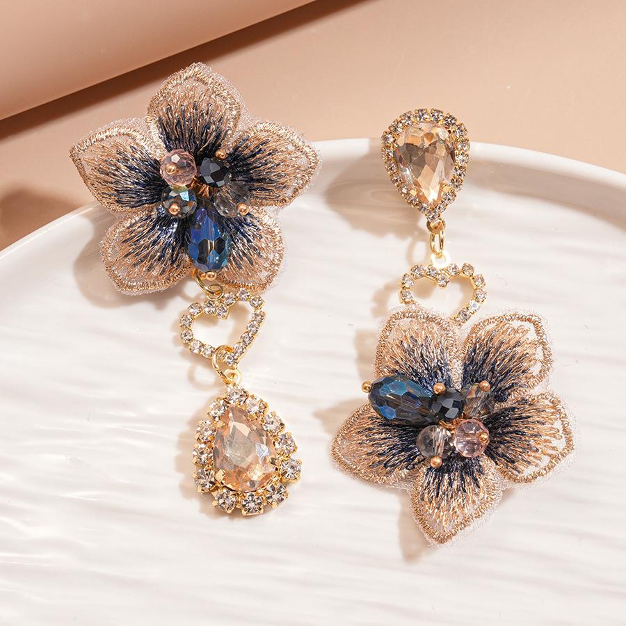 Retro fabric diamond-set asymmetrical flower water drop silver needle earrings European and American fashion elegant temperament high-end earrings