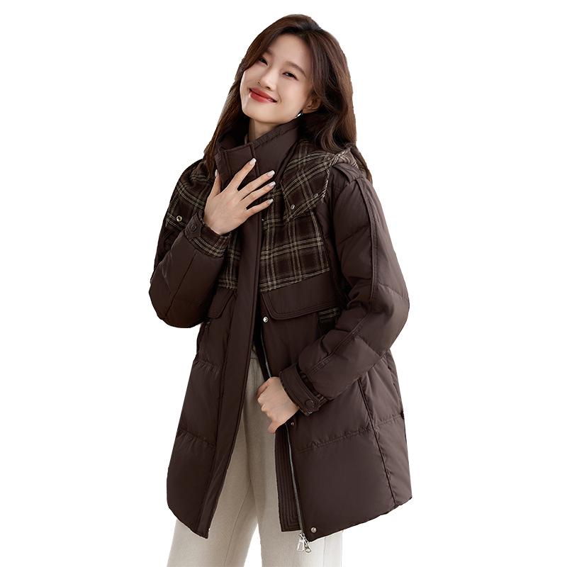 2024 Women's Fashionable Hooded Down Coat: Mid-Length, Lightweight, Patchwork Design