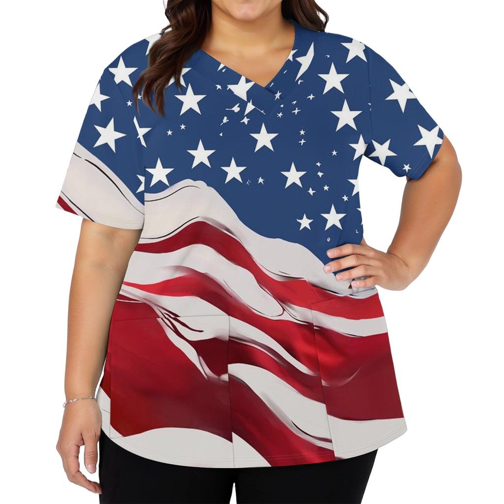 Women's Fashionable Casual Independence Day American Flag And Stars Print V-neck Short-Sleeved Work Shirt With Double Side Slits And Pockets