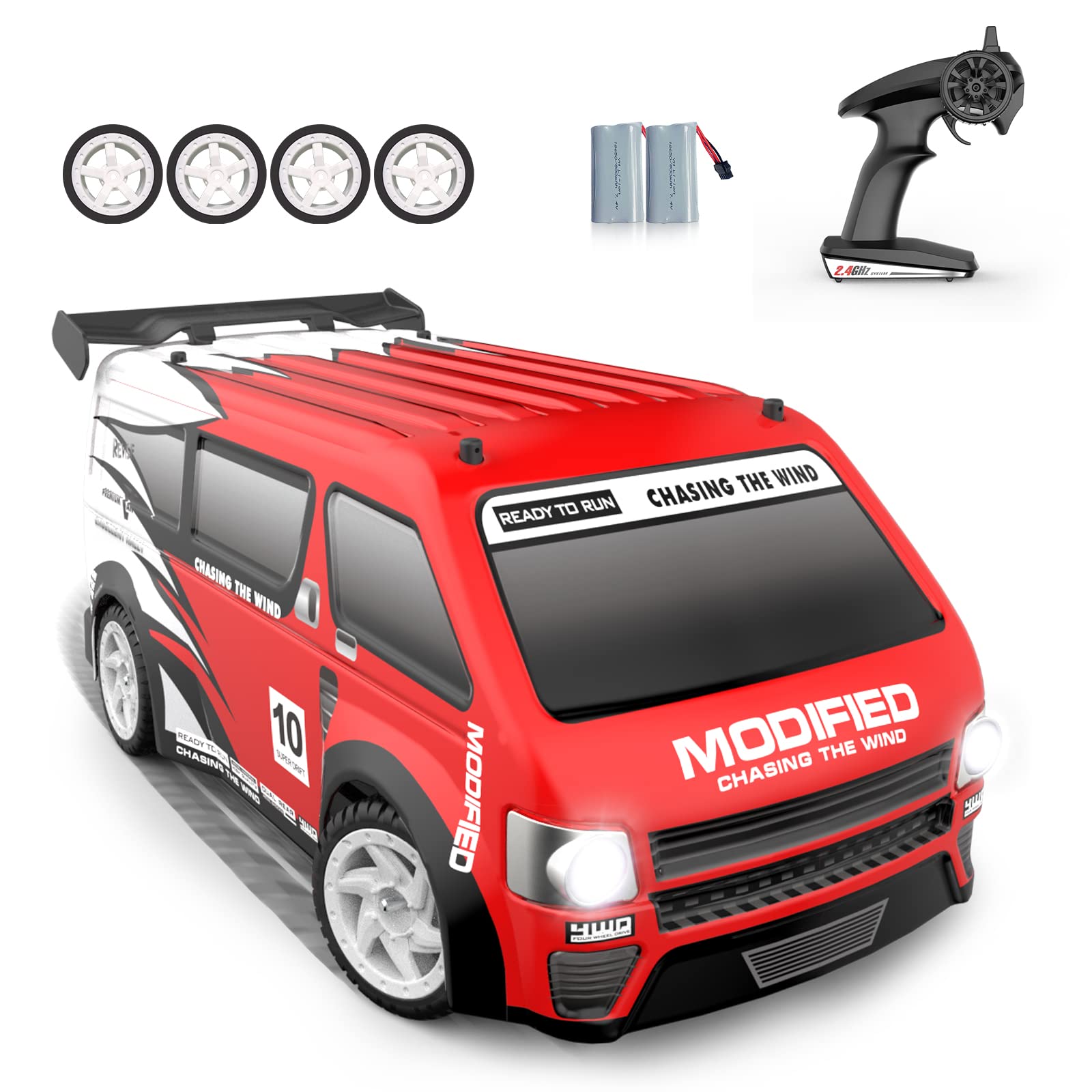 

Carox OX32RED RC Drift Car, a popular 114 scale 4WD Mini Van Drift for kids, features 25kmh speeds, three light modes, and two rechargeable