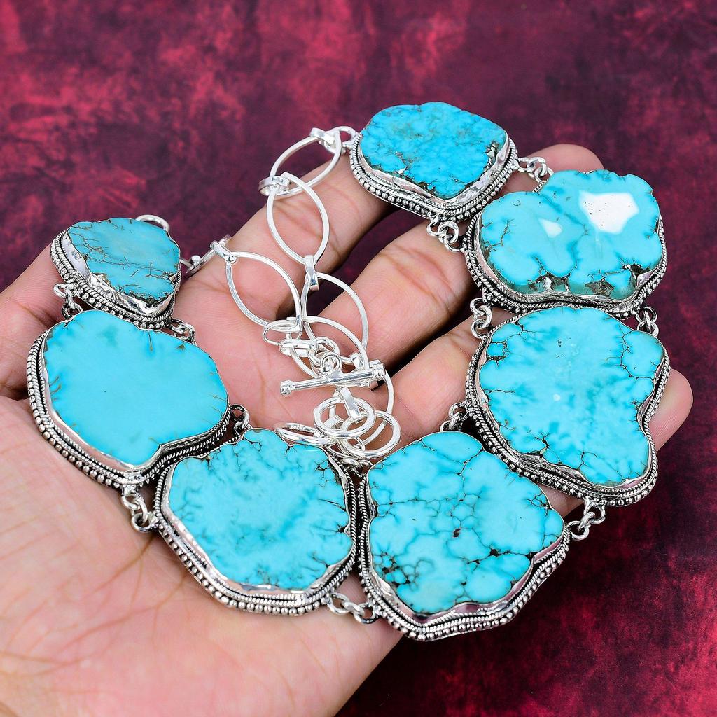 Turquoise Slice Necklace Gemstone Jewelry, 925 Solid Sterling Silver Necklace, Adjustable Handmade Chain Necklace Gift For Birthday Jewelry