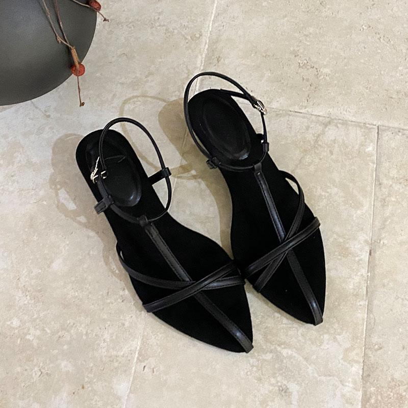 

Fashion Fashion Shallow Women Low Heel Sandals Shoes Female Summer Spring Pointed Toe Footwear T-Strap Ladies Heeled Sandals Shoes 35 чёрный