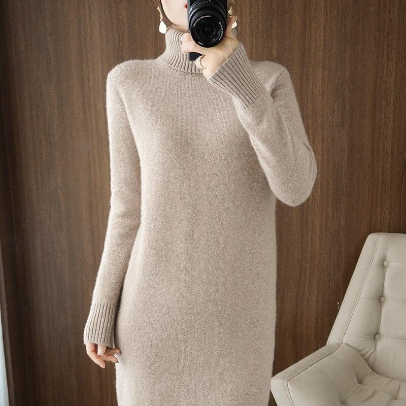 Autumn Winter High Collar Pullover Women's Wool Sweater Long Section Cashmere Dress Bag Hip Split Loose Loose Thick Top