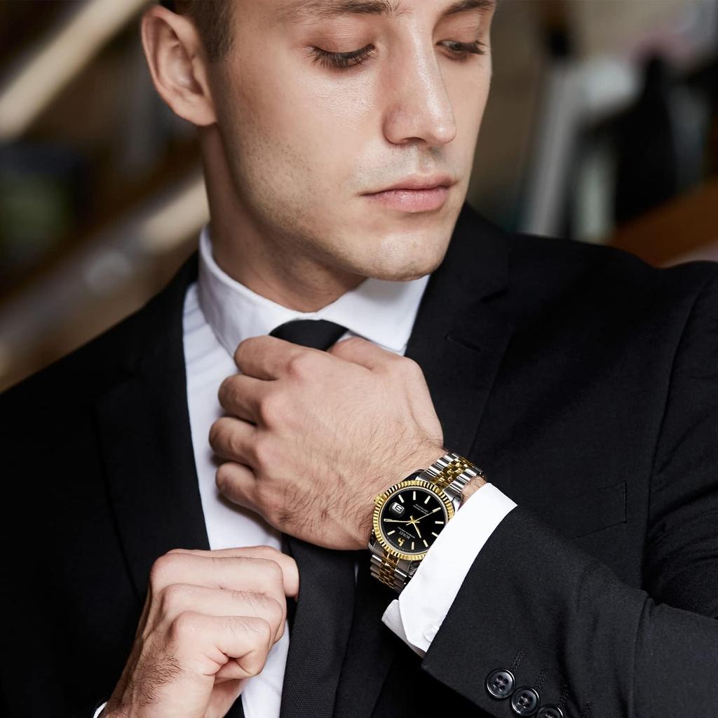 Automatic Mechanical Date Black Watch [BUREI] Men's Watch, Waterproof, Analog, Popular, Business, Display, Gold/Silver, Stylish, Simple, Luminous,