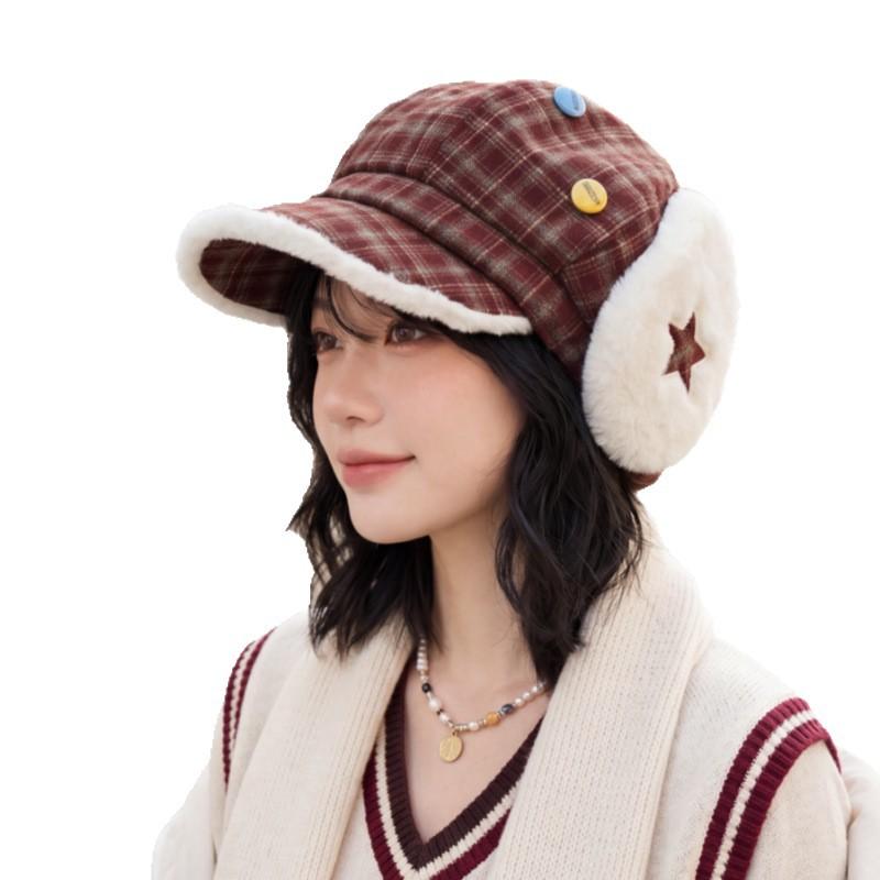 Winter Thick Earmuff Peaked Cap Korean Vintage Plush Warm Short Brim Cap