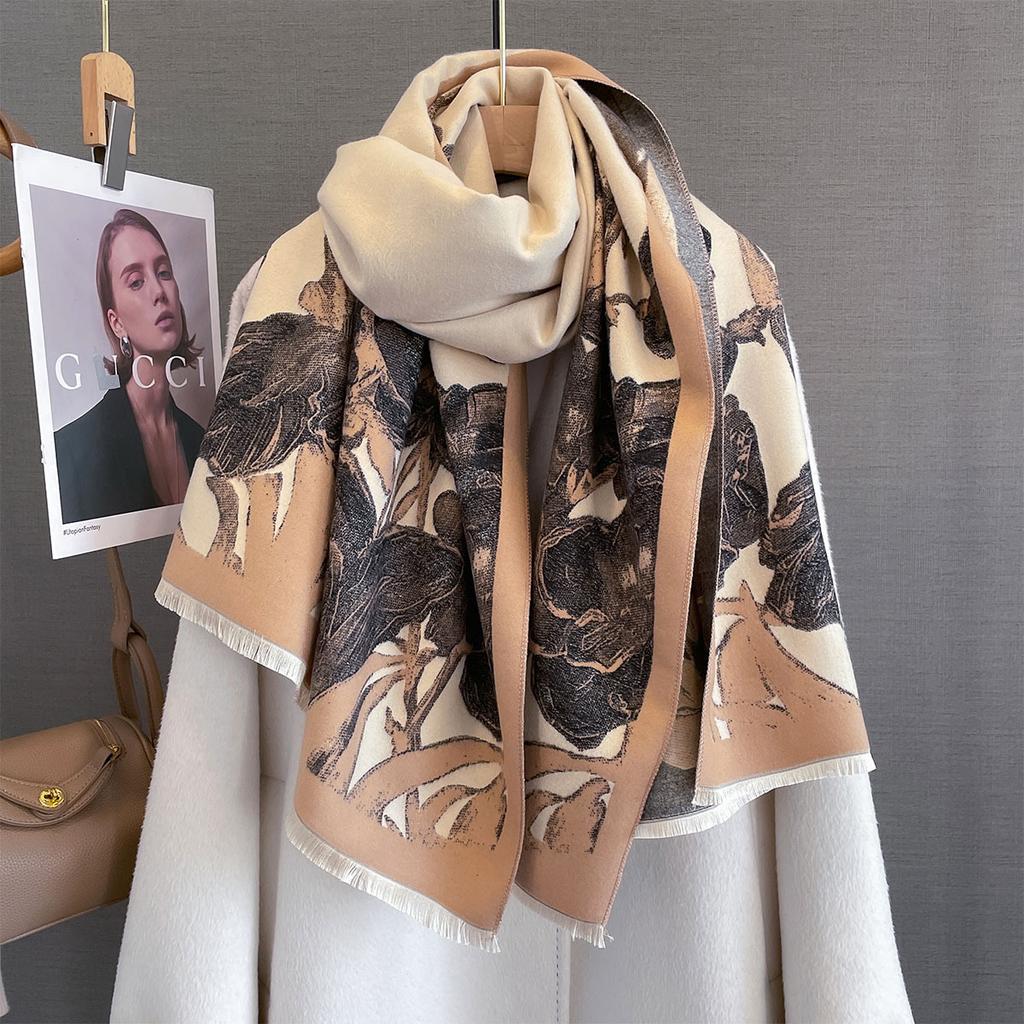 Luxury Warm Floral Scarf For Women 65*185cm Long Tassel Pashmina Shawl Faux Cashmere Warps Autumn Winter High Quality Blanket