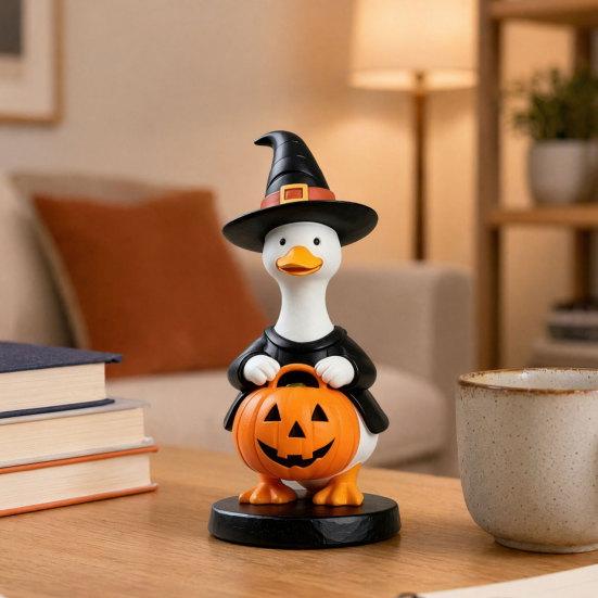 DYS Halloween Goose Figurine, Witch Hat Resin Ornament, Cute Ghost Statue for Tabletop Mantel Shelf Holiday Decoration