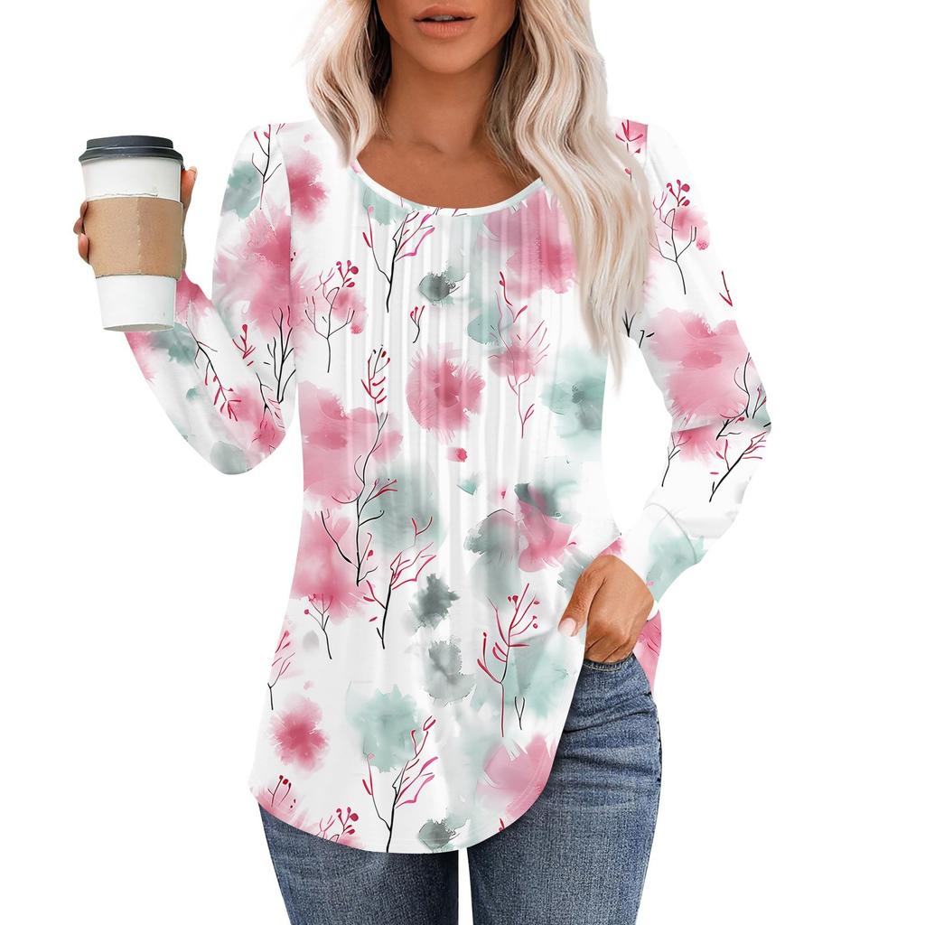 Long Sleeve Shirts For Women Tops Dressy Casual Blouses Pleated Scooped Neck Tunic Tops