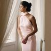 White satin neck halter dress, high neck waist and thin temperament French long dress