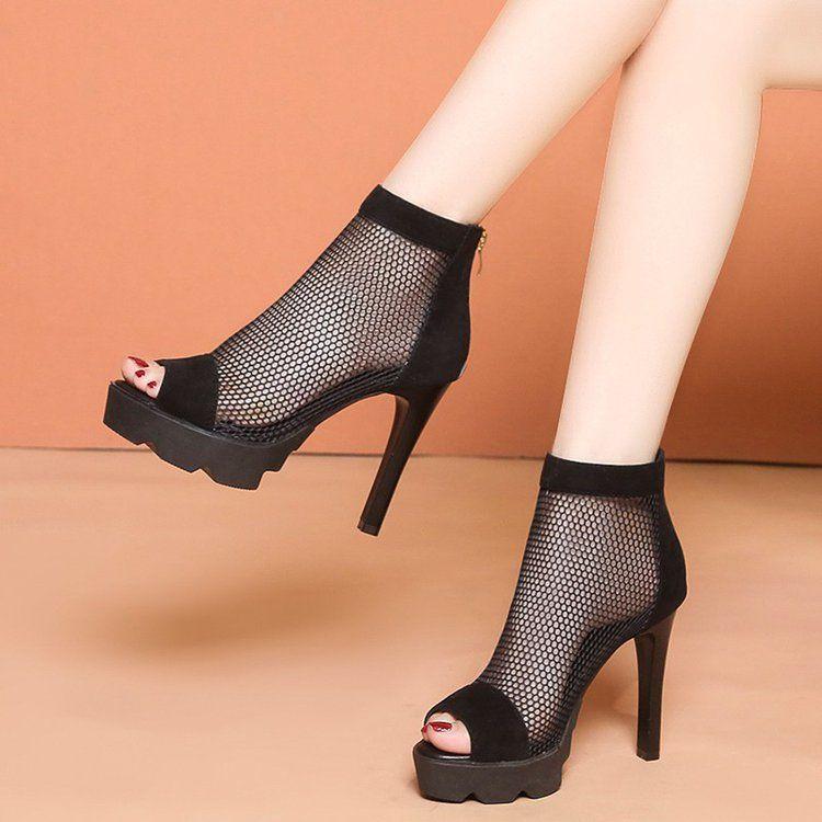Mesh hollow high heels fish mouth cool boots women's 2025 spring and summer fine heel sandals professional sexy fashion Roman boots