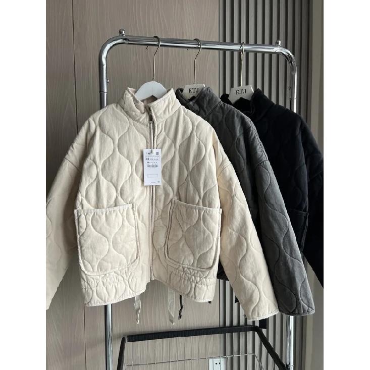 Women's Polyester Padded Jacket 2026New Arrival Vintage Lenzing Rayon High Collar Large Pocket Decorative Quilted Coat for Women