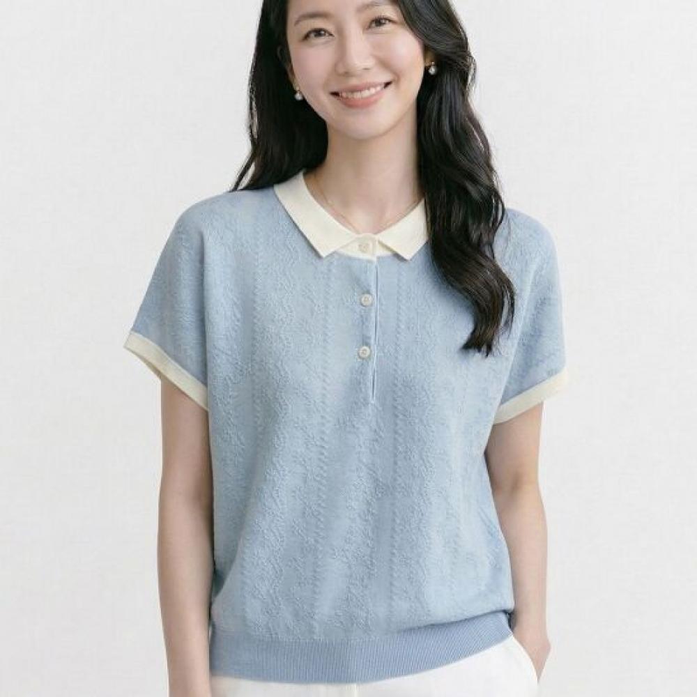 Navava Women Embroidery Point Color Collar Cap Sleeve Knit Tee Nk3612