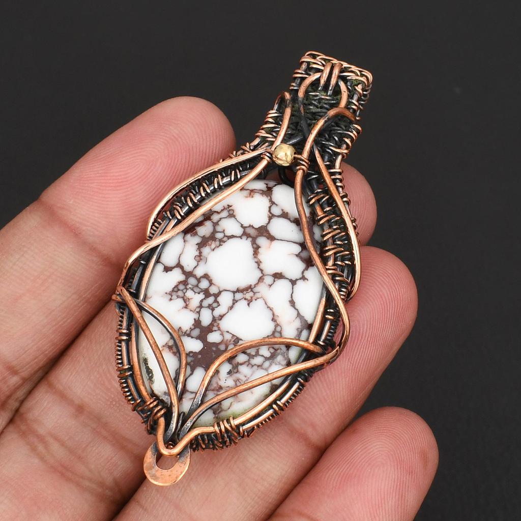 White Howlite Gemstone Pendant Handmade Copper Wire Wrapped Boho Necklace Unique Statement Jewelry for Women & Men