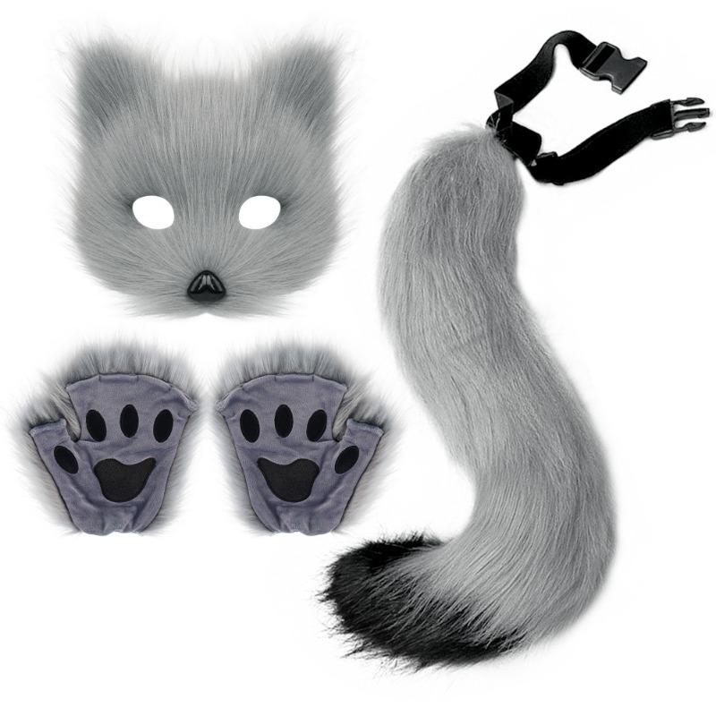 Halloween set, simulated fox mask gloves, plush fox tail handmade beast tail cos prop accessories