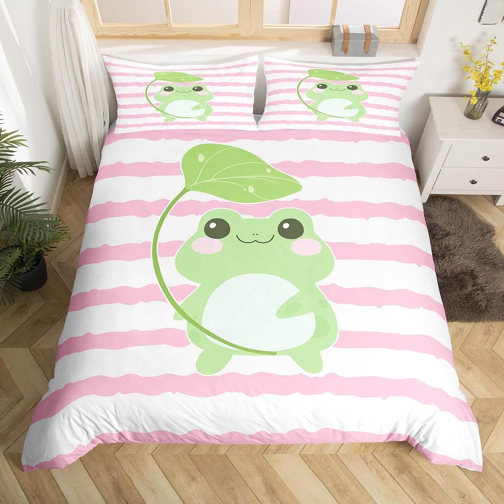 Kawaii Frog Dynetrekk King Queen Tegneserie Dyretema Sengesett Funny Wildlife Dynetrekk Barn Soverom Mykt Dynetrekk