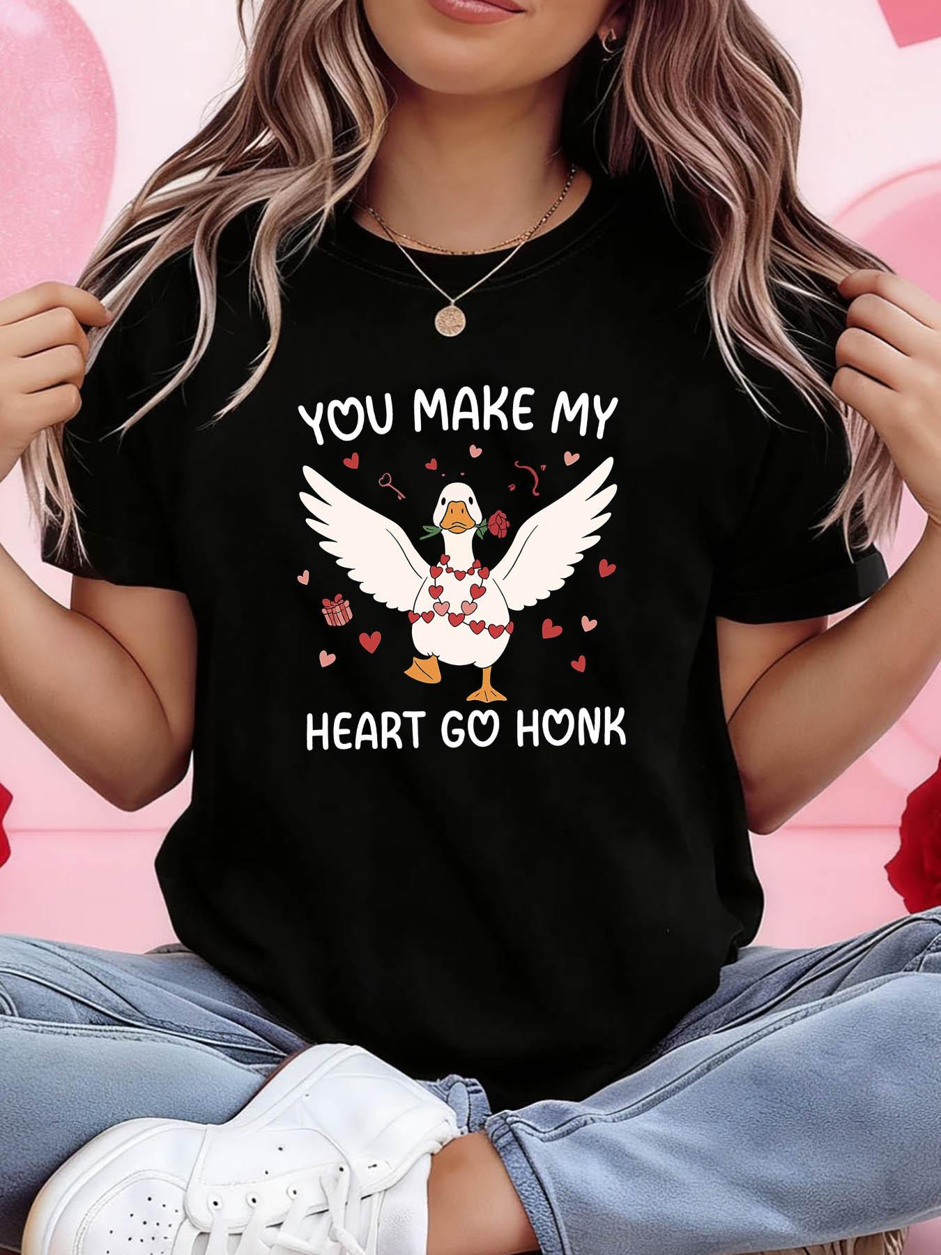 

Women s Funny You Make My Heart Go Honk Valentine s T-Shirt - Short Sleeve Crew Neck Casual Top with Honking Heart, S чёрный