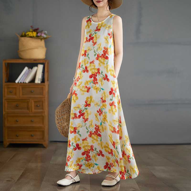 

Новые длинные платья в стиле бохо, летние новые платья больших размеров без рукавов с круглым вырезом и принтом 2XL жёлтый