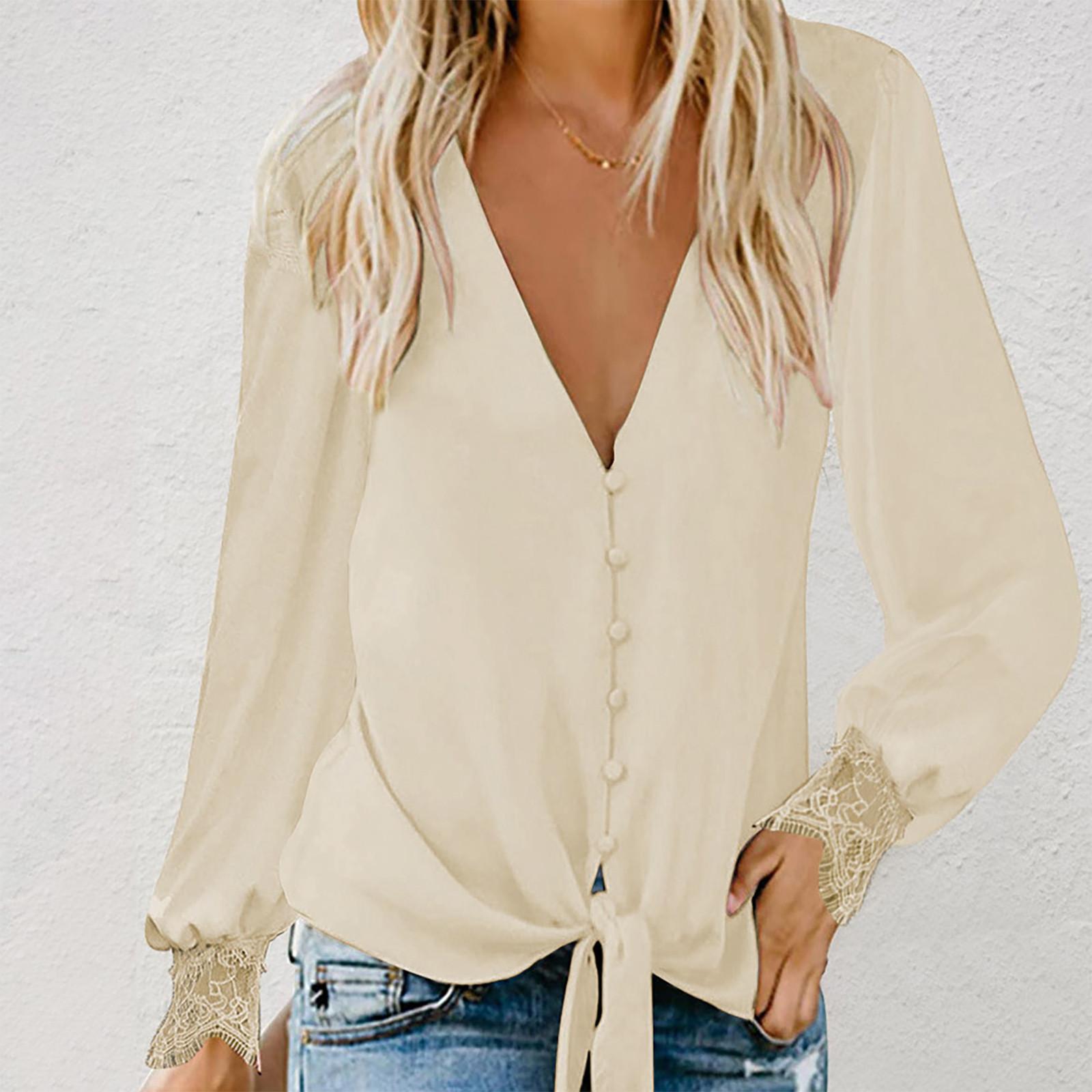 Women s Fashion Lace Splicing Long Sleeve V-Neck Color Hem Lace-Up Loose Tops XL