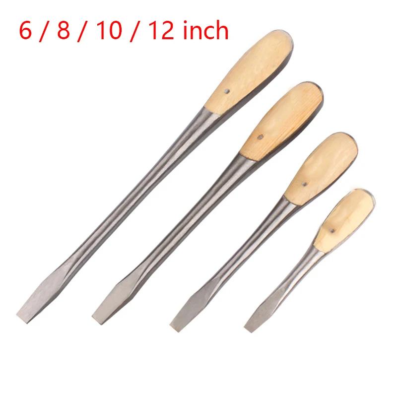One Piece Heavy Duty Slotted Screwdriver With Wooden Handle Knockable Flat Blade 6/8/10/12 Inch Home Mchine Hand Repair Tools