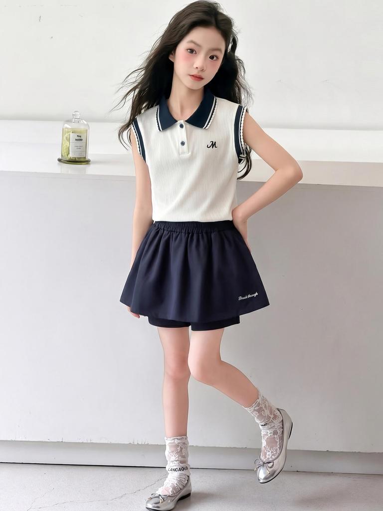 Girls' 2026 Sleeveless Polo Shirt & Sports Skirt Shorts Two-Piece Summer Set