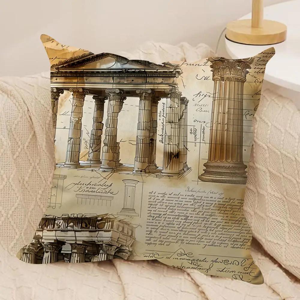 Retro Roman Architectural Cushion Cover Silky Short Plush Invisible Zipper Dustproof Sofa Pillow Case For Home Decor
