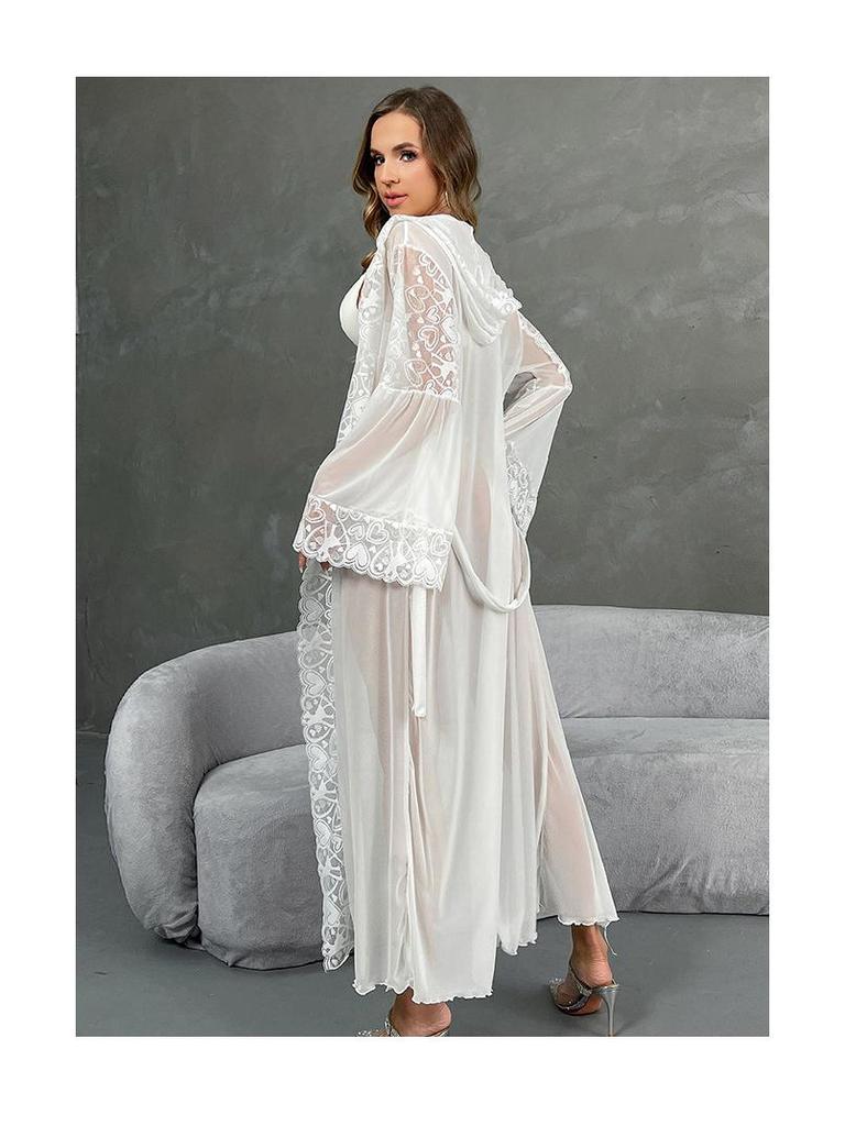 Sexy Mesh Kapuzenbademantel mit Spitzenbesatz Lingerie mit Gürtel