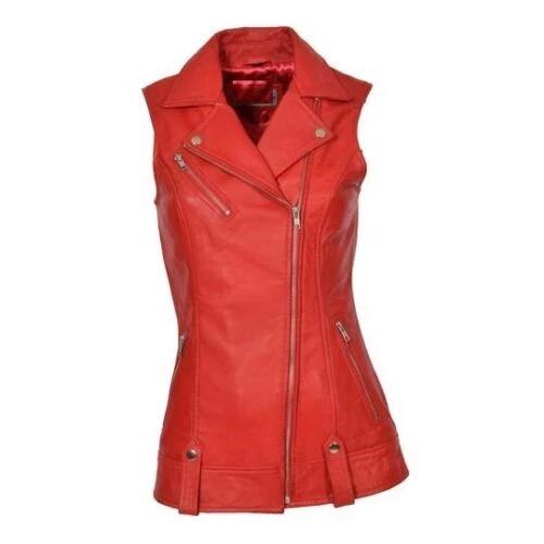 Red Fashionable Western Classic Vest Coat Lambskin Leather Women's Zipper Waistcoat