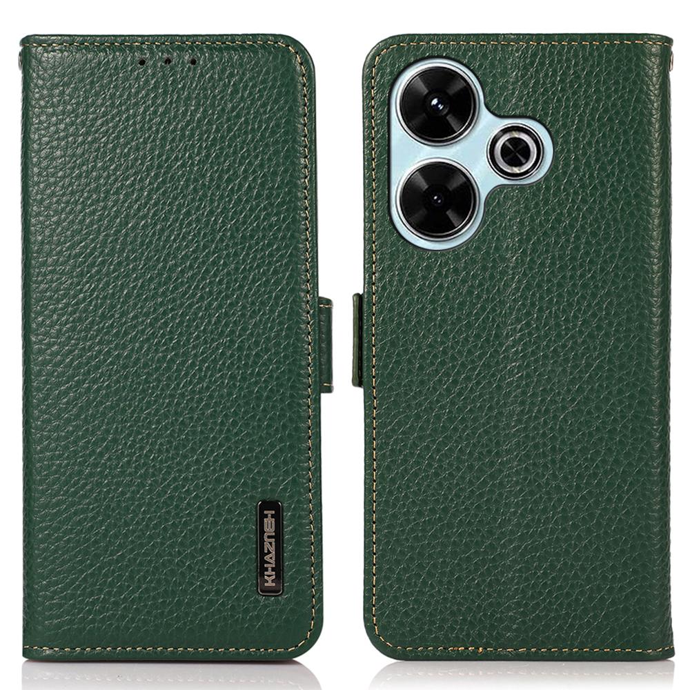 

For Xiaomi Redmi 13 5G/13 4G Case RFID Blocking Genuine Cow Leather Flip Phone Cover Green