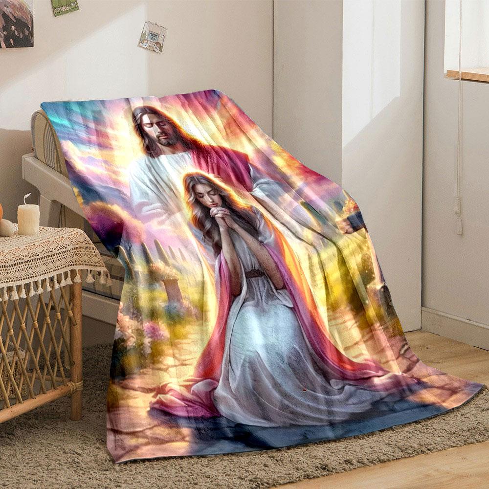 Jesus Praying Woman Religious Blanket  Printed Blanket for Living Room Bed Couch lunch break Soft Cozy Blanket for Friend's festival Gift