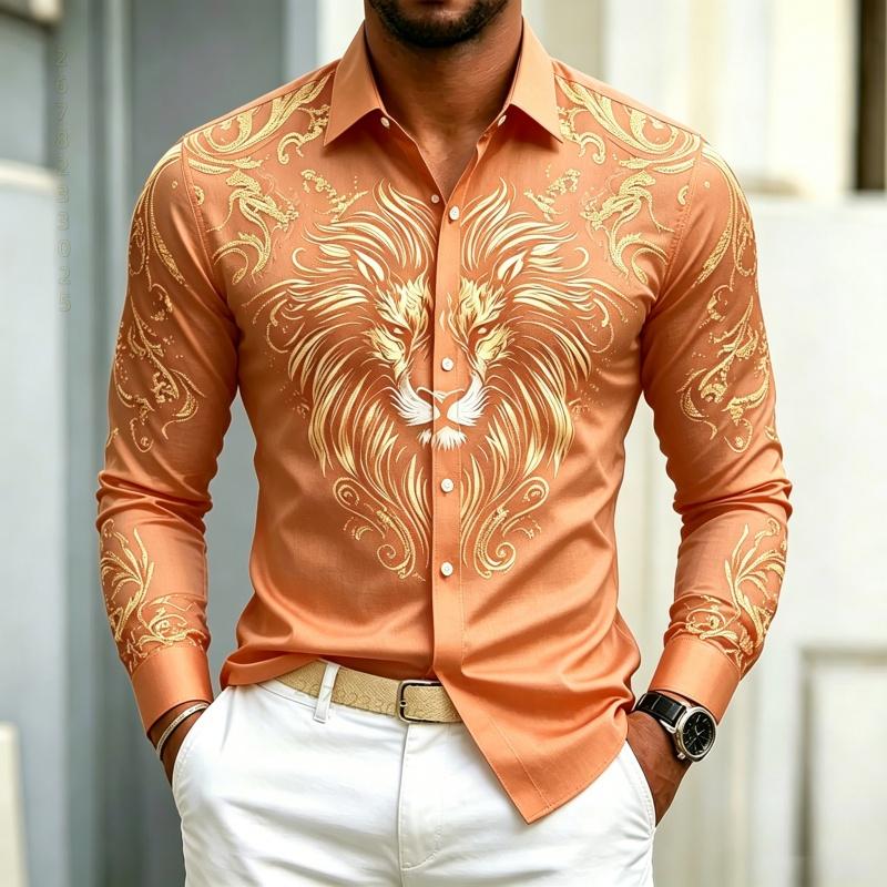 High Quality Men's Shirt Long Sleeved Shirt Solid Color Lion Head Print Design Baroque Business Casual Top Fabric Comfortable