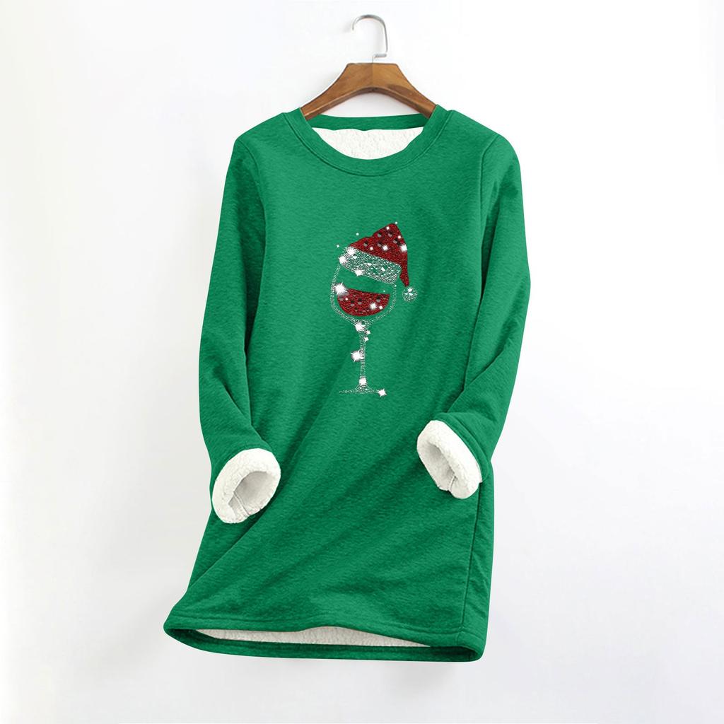 Top longo feminino com decote redondo e manga comprida, estampa de natal, grosso, pelúcia, cashmere, quente