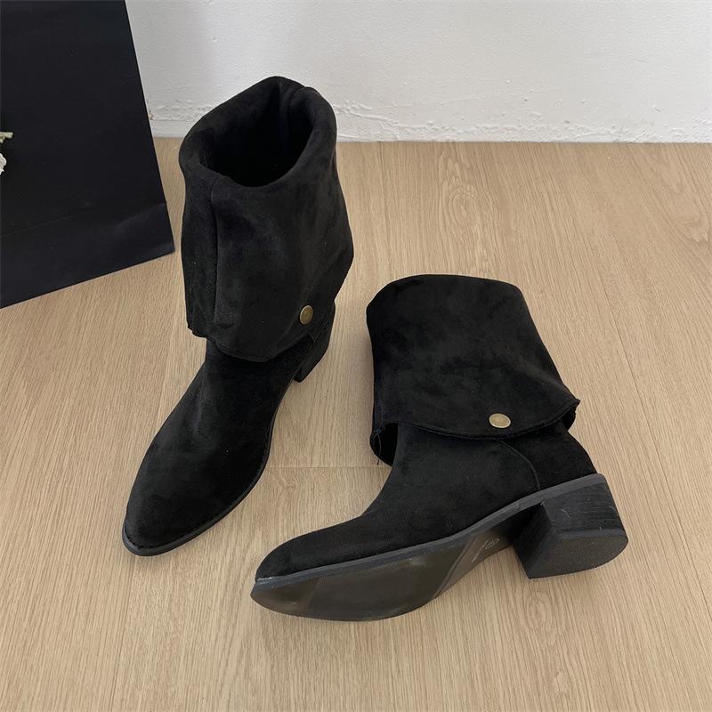 

Black slim British thick heel platform boots women s 2025 new autumn and winter retro heightening v-mouth knight boots 35 чёрный