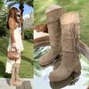 Brown short boots women's 2025 new autumn and summer thin pile boots retro wasteland wind fringed knight boots Europe and America