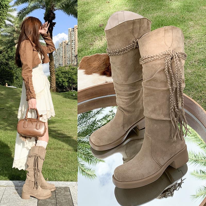 Brown short boots women's 2025 new autumn and summer thin pile boots retro wasteland wind fringed knight boots Europe and America