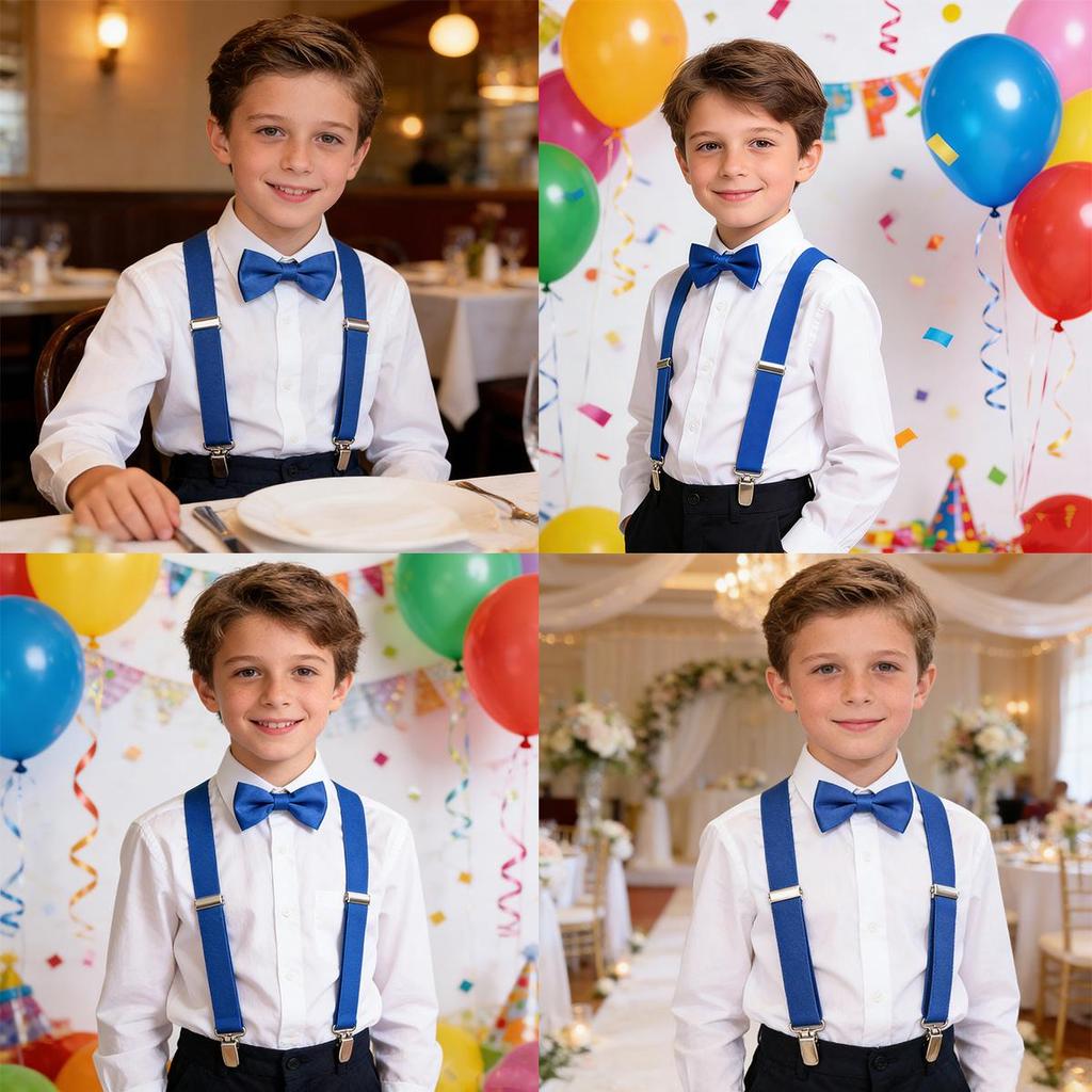 Kids 3 Clips Suspenders Bow Tie Set Adjustable Elastic Braces for Boys Girls