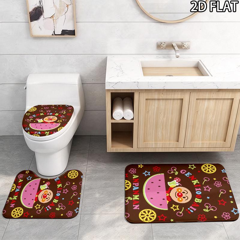 3pcs Anpanman Pattern Flannel Nonslip Absorbent Washable Decorative Bathroom Home Toilet Seat Cover Mat