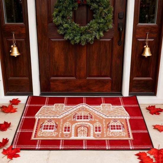 Gingerbread House Christmas Rug Gingerbread Welcome Door Mat Christmas Non Slip Entrance Rug for Indoor Outdoor Bathroom Kitchen Decor