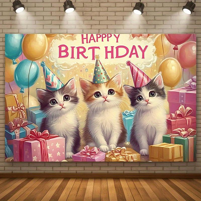 Party Backdrop Kittens Adorable Trio Balloons Festive Celebrations Photo Booth Decor Birthday Party Decor