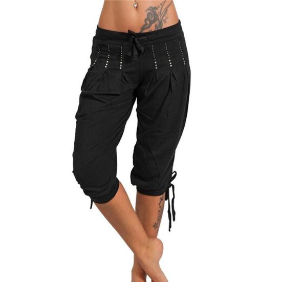 

Жіночі повсякденні плісовані штани капрі великого розміру однотонного кольору з паєтками та куліскою XL чорний