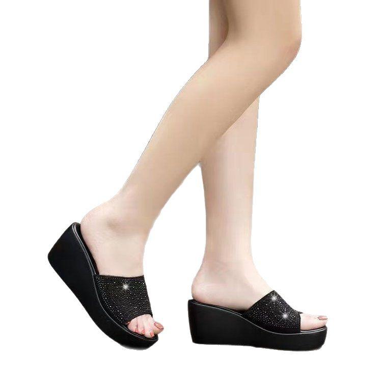 2025 Summer New Slope Heel Thick-soled One-word Slippers Fashionable and Versatile Outer Wear Non-slip Rhinestone High-heeled Cool Slippers Women