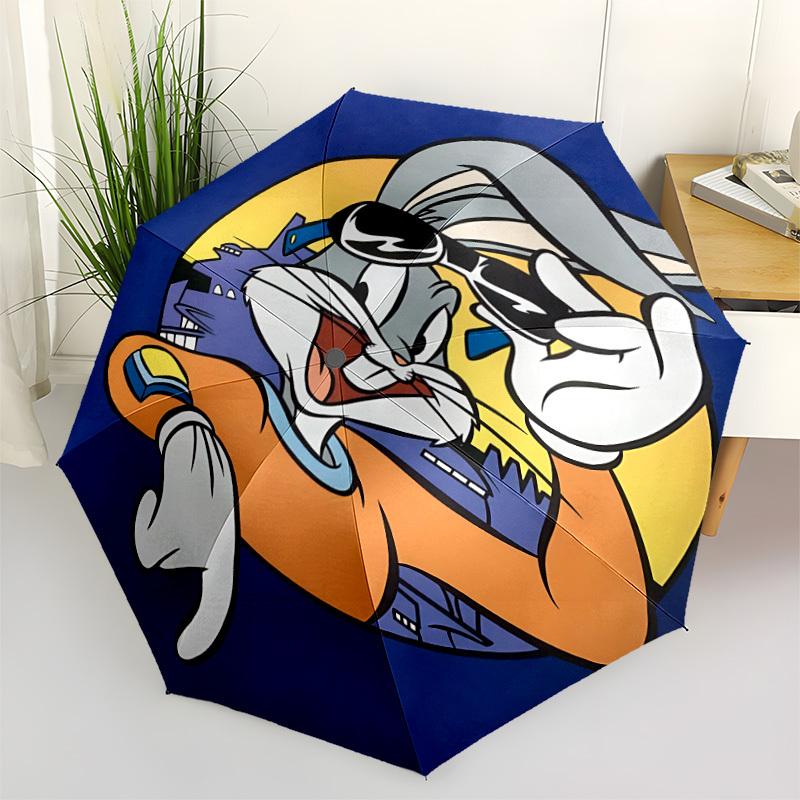 1 stuks Bugs Bunny Looney Tunes Automatische Paraplu 8 Baleinen Draagbaar Opvouwbaar Zwart IJzeren Frame voor Buiten, Strand, Reizen, Strandparaplu 133