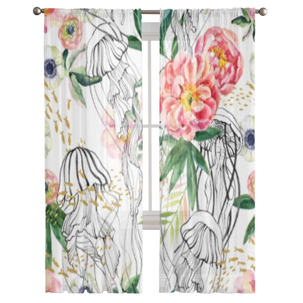 Ranunculus Anemone Jellyfishes Flowers Chiffon Sheer Curtains for Living Room Bedroom Decoration Window Voiles Tulle Curtain