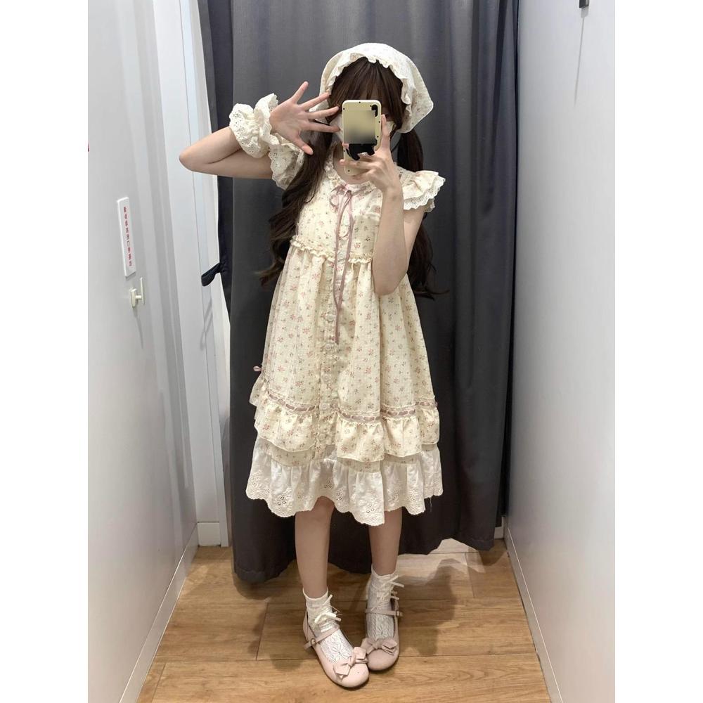 First love ballet style small flying sleeves floral dress female summer sweet small loose and thin fairy cake short skirt