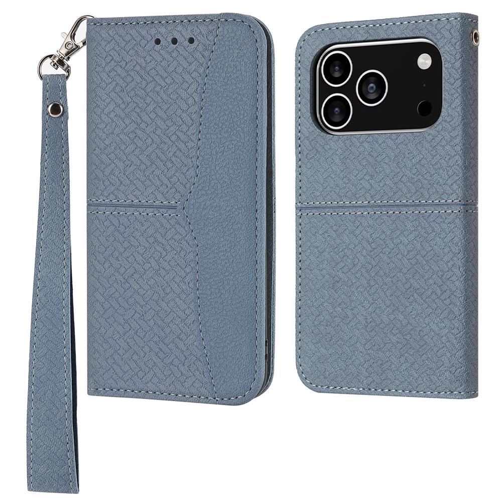 

For iPhone 17 Pro Case Woven Texture PU Leather Wallet Phone Cover with Wrist Strap Grey