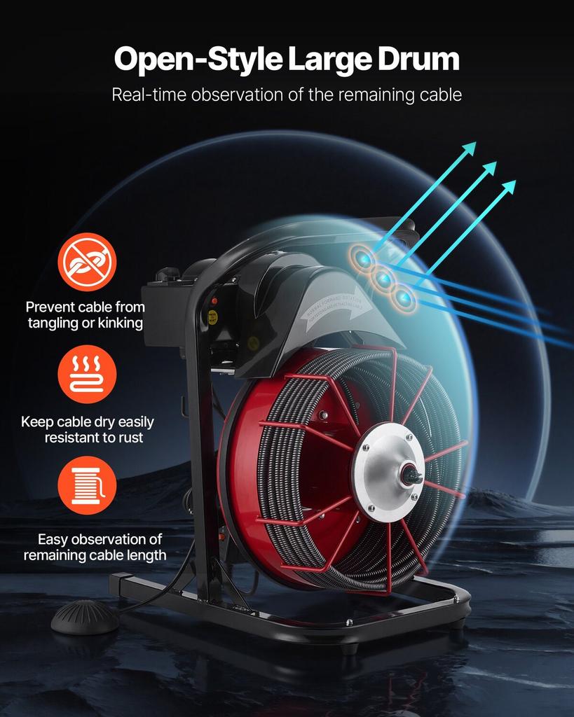 Drain Cleaner Machine 15m x 13mm, Sewer Snake Auger Manual Feed with 4 Cutters & Air-activated Foot Switch for 50mm to 150mm Pipes