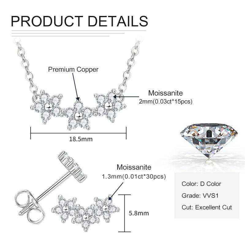 

Rrjzz D VVS1 Moissanite Flower Necklece Stud Earrings Jewelry Set with GRA Climber Flower Stud Ear/Pendant Necklace for Women